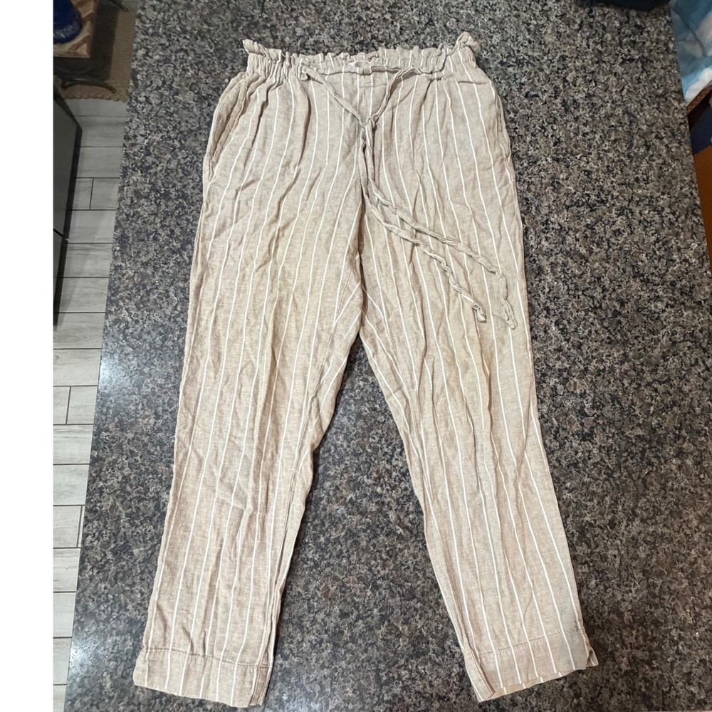 Beachlunchlounge Linen Blend Striped Paperbag Waist Drawstring Pants Tan White